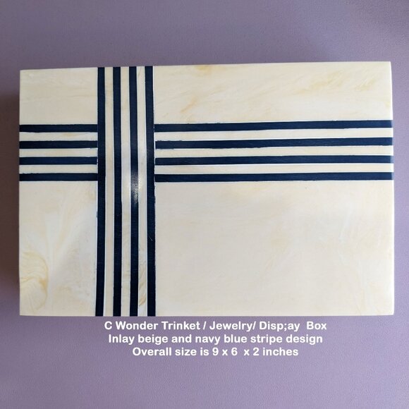 C Wonder Trinket / Jewelry Box, Inlay beige & blue stripe design, 9 x 6  x 2" - Picture 1 of 17